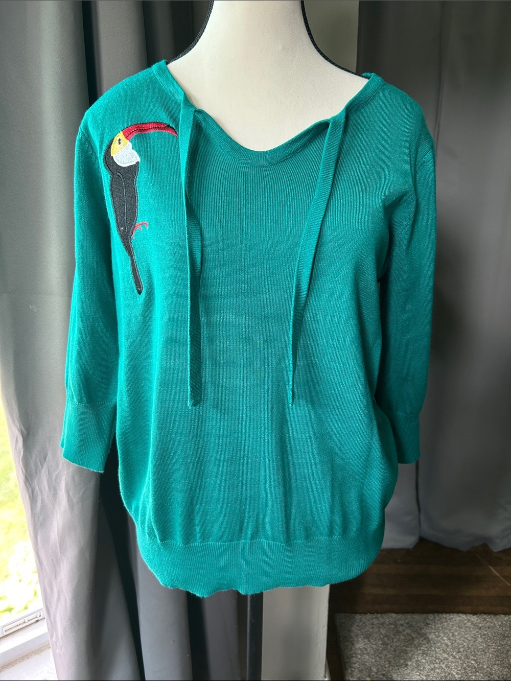 Teal V-Neck Sweater with Toucan Embroidery